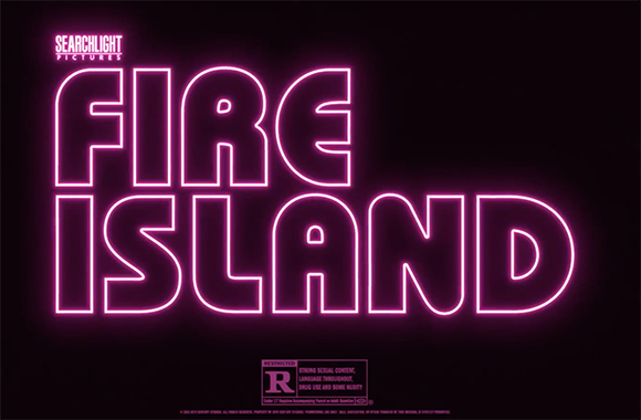 Neon pink glowing text reading 'FIRE ISLAND' on a dark background.