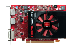 AMD FirePro V4900 graphics card with a red and black cooling fan on a red circuit board.