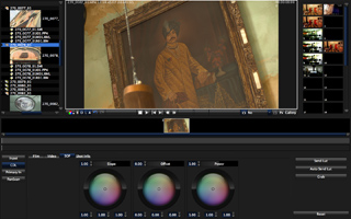 Video editing software interface displaying a framed portrait of a man and various timeline and color tools.