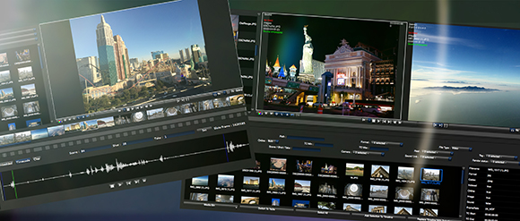 Multiple video editing software windows showing cityscapes, night scenes, and landscape footage.