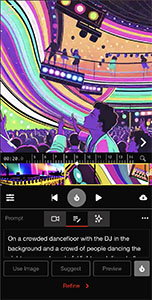 Mobile app interface displaying a colorful, stylized illustration of a crowded dancefloor and DJ booth.