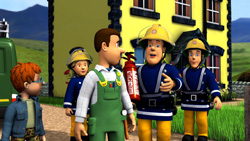 Animated characters in blue uniforms and a man in green overalls standing outside a yellow house.
