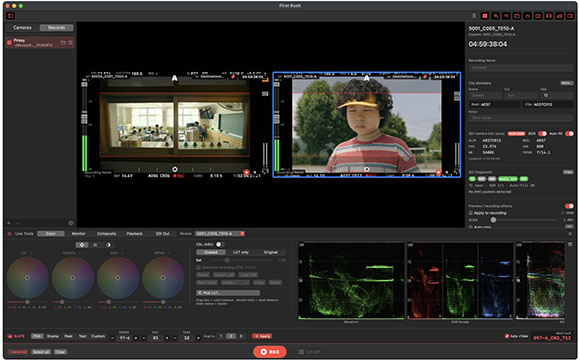 A video editing software interface showing two video clips and color grading tools.
