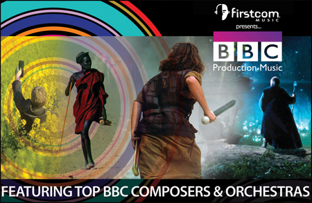 Collage of film scenes with text reading 'firstcom MUSIC presents... BBC Production Music'.