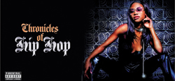 A woman in dark clothing and sunglasses poses against a patterned background next to the text Chronicles of Hip Hop.