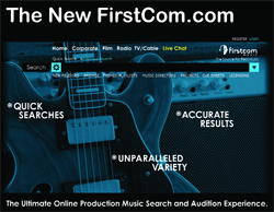 Promotional graphic for The New FirstCom.com over a blue-tinted image of an electric guitar.