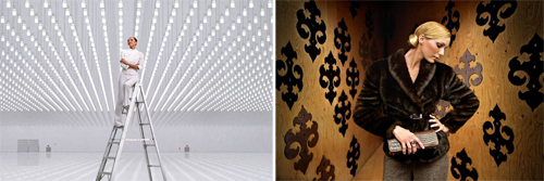 A person stands on a ladder in a white light installation; a woman in a dark fur coat poses against patterned walls.