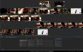 A video editing software interface displaying multiple rows of video clip thumbnails on a dark timeline.