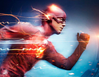A person in a red superhero suit running with yellow lightning streaks around them.