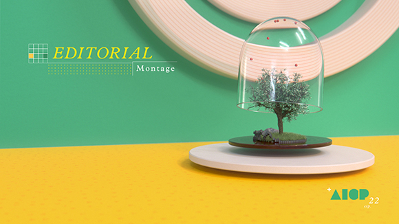 A miniature tree inside a glass cloche resting on a wooden platform against a green and yellow background.