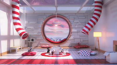 A surreal room with red and white striped tubes, a large round window overlooking mountains, and small animal figures.
