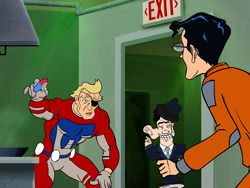 Animated scene where a man in orange confronts a red-clad superhero and a man in a fedora.