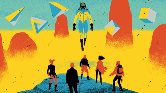 An astronaut in a yellow and blue suit floats above five people standing on a rock in a yellow landscape.