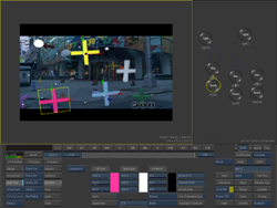 A software interface showing a 3D viewport with colorful cross shapes and a node-based editor.