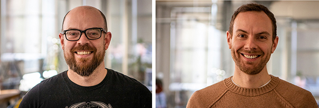 Two men smiling in separate headshot portraits against a blurred indoor background.