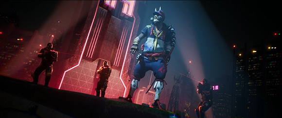 A giant character in blue and white clothing stands over a dark, neon-lit futuristic city at night.