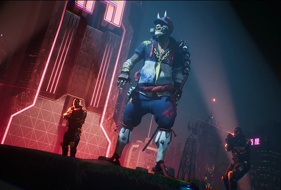 Three stylized characters stand on a ledge against a backdrop of glowing skyscrapers at night.