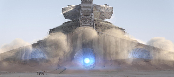 A colossal, triangular spacecraft partially buried in sand with dust swirling around its base.