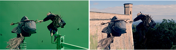 A split screen showing a person on a broomstick against a green screen and the same shot composited over a castle.