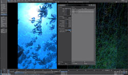 Video editing software interface displaying blue underwater footage and a settings panel.