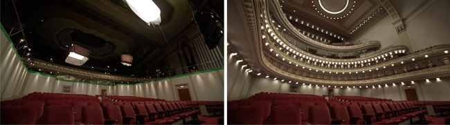 Interior views of a theater showing rows of red seats and tiered balconies with warm lighting.