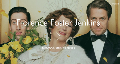 Three actors in period costume posing together, with a woman in white in the center and two men on either side.