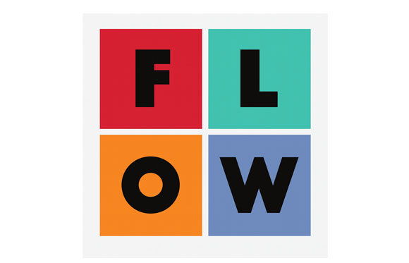 Four colored squares in a grid containing the black letters F, L, O, and W to spell FLOW.
