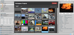 Video editing software interface displaying a grid of various video project thumbnails and a playback window.