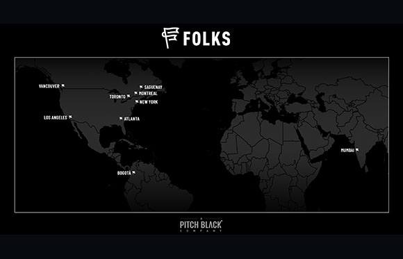 A dark world map showing specific city locations including Vancouver, Toronto, New York, and Mumbai.