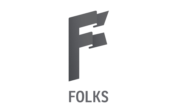 A gray stylized letter F with folded edges above the word FOLKS on a white background.