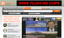 A website interface for Footage.net featuring a search bar and a grid of video archive thumbnails.