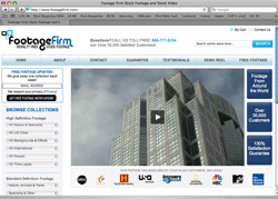 Footage Firm website homepage featuring a large skyscraper under a cloudy sky and various navigation links.
