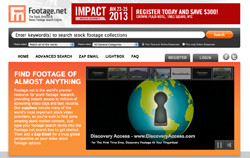 Footage.net website homepage featuring a search bar and promotional banner for Impact Media Community 2013.
