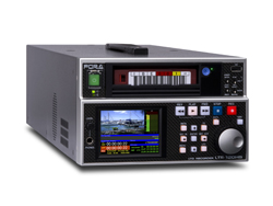 A silver and black digital video recorder with a small screen and various control buttons and knobs.