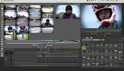 A video editing software interface displaying multiple video preview windows, a timeline, and a file browser.