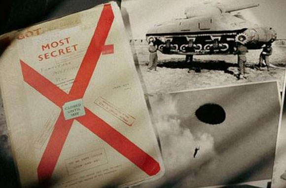 A collage of a redacted secret document and two black-and-white photos of a tank and a dark circular object.