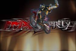 A motocross rider in yellow and black gear performing a stunt mid-air above a stylized logo.