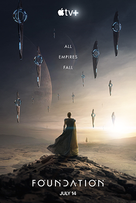 A woman in a long gown stands on a rocky landscape looking at floating monoliths and a large planet.
