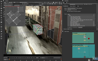 3D software interface displaying a checkerboard cube in a corridor scene and a node graph.