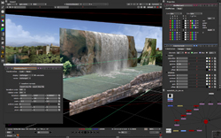 A 3D modeling software interface showing a digital waterfall flowing over a rocky cliff into a pool.