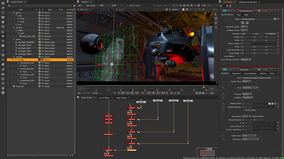 A 3D computer graphics software interface displaying a dark, mechanical scene with green wireframe grids.
