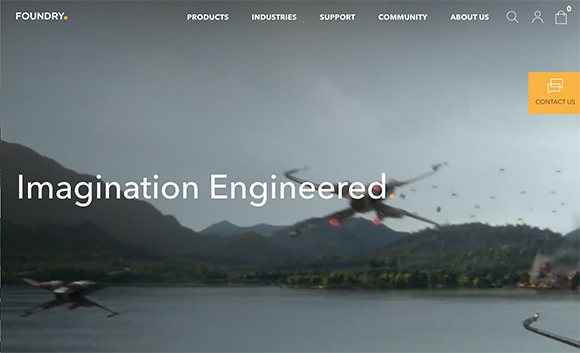 Website landing page featuring a cinematic landscape with flying spacecraft and the text 'Imagination Engineered'.