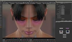Split-screen view of a person's face with colorful makeup being edited in a digital software interface.