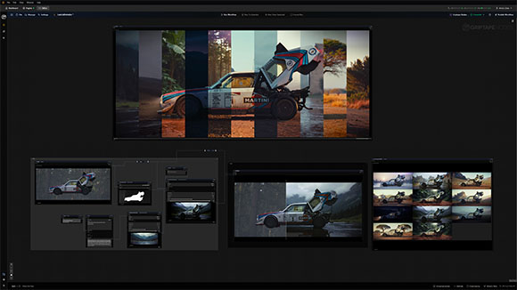 Digital interface showing multiple windows of a car being color graded in an editing software.