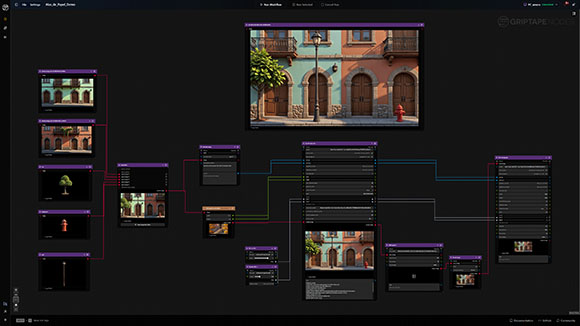 A dark digital interface featuring a flowchart of interconnected rectangular nodes and lines.
