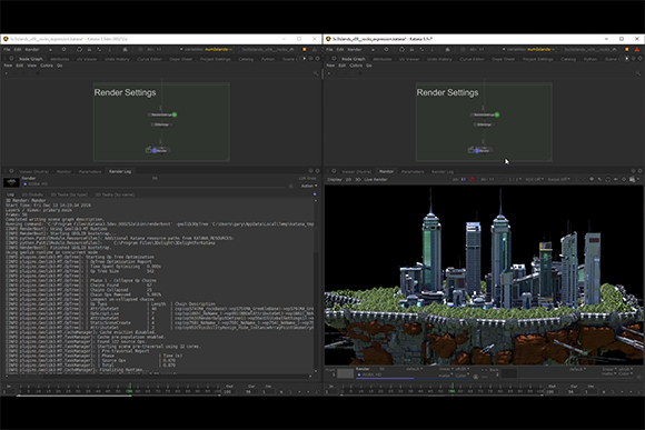Split screen of a 3D software interface with render settings and a pixel art city render.