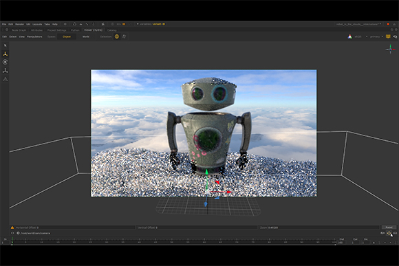 A 3D rendered robot standing on a textured white surface against a cloudy sky in a software interface.