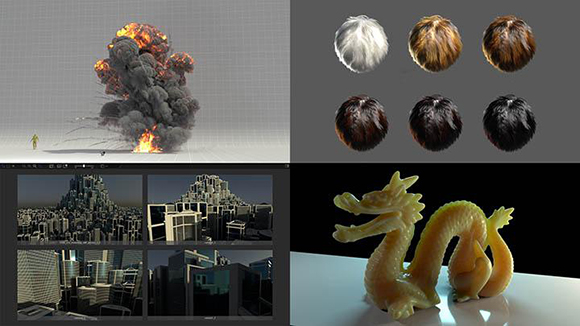 Four quadrants showing a large explosion, hair texture models, a 3D city landscape, and a yellow dragon figurine.