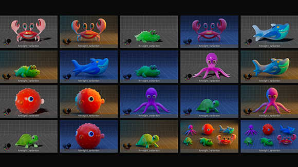 A collection of colorful 3D sea creature characters including crabs, fish, octopuses, and turtles on dark backgrounds.