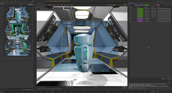 A 3D software interface displaying a teal robotic object inside a futuristic, metallic room.